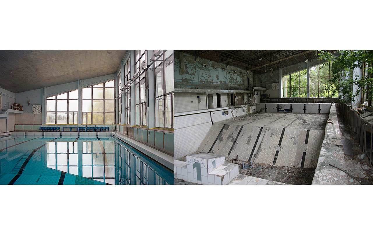Diptych of Pripyat's Azure swimming pool in use and in ruins