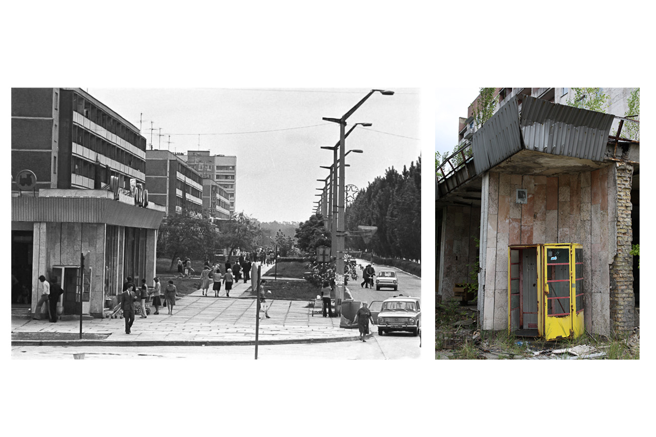 Diptych of a Pripyat street in the 1980s and a derelict phone booth today