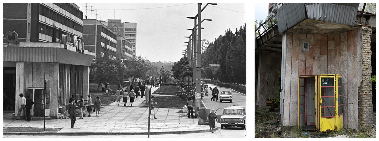 Diptych of a Pripyat street in the 1980s and a derelict phone booth today