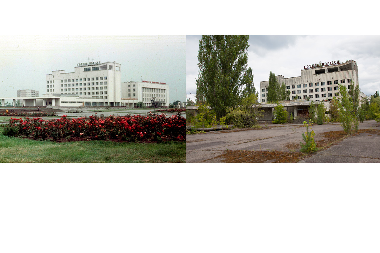 Then-and-now diptych of Hotel Polissya in Pripyat before and after abandonment
