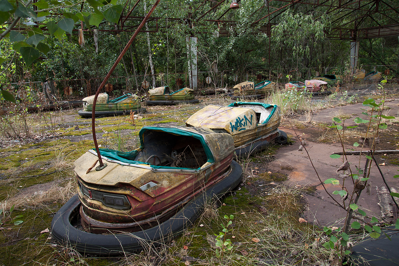 Overgrown bumper cars rusting at the abandoned Pripyat amusement park