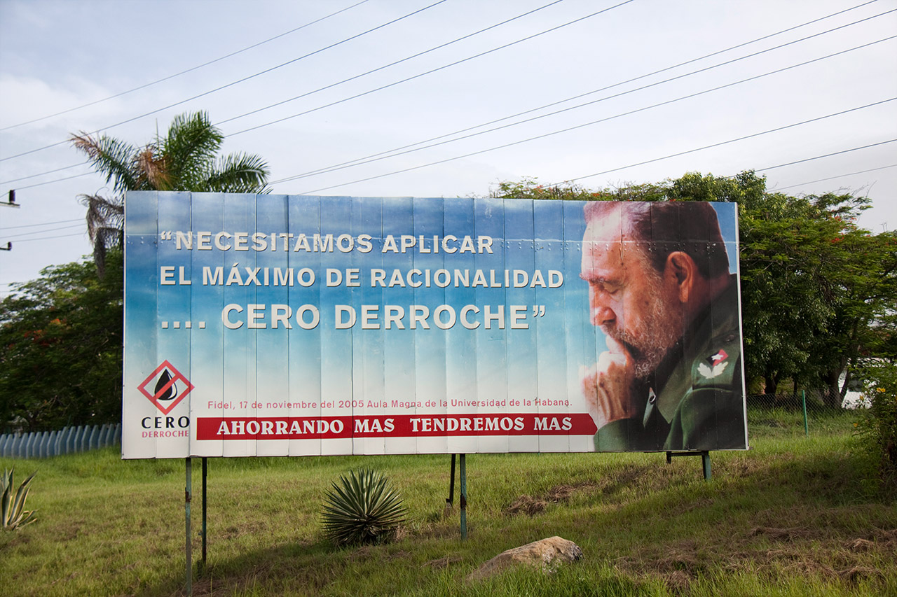 Billboard with Fidel Castro quote about rationality and zero waste, Cuba