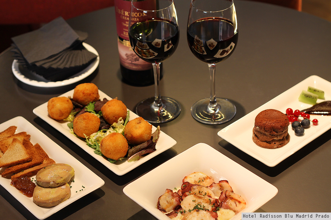 Hotel Radisson Blu Madrid Prado tapas and wine selection