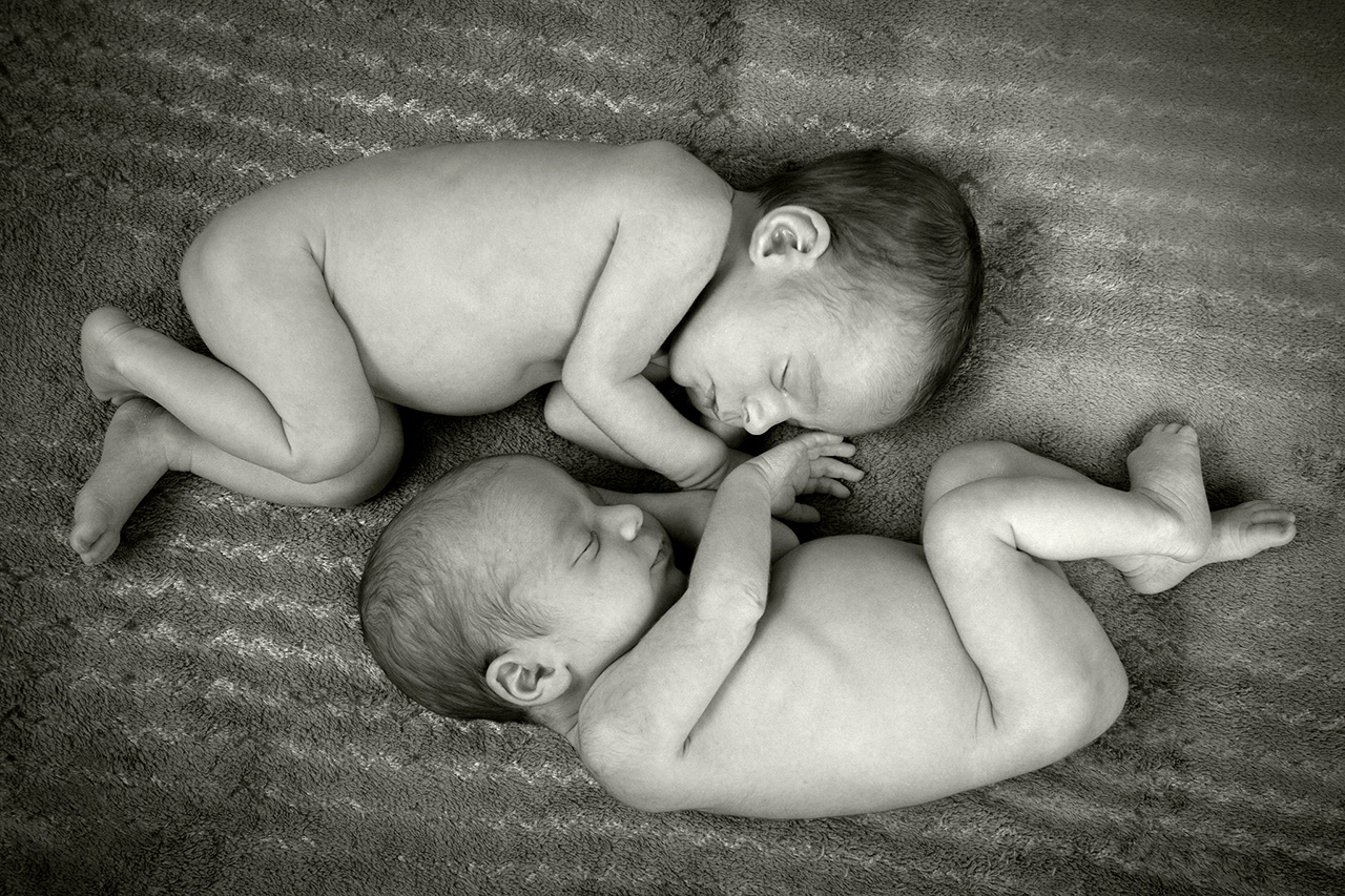 Black and white studio portrait of newborn twins
