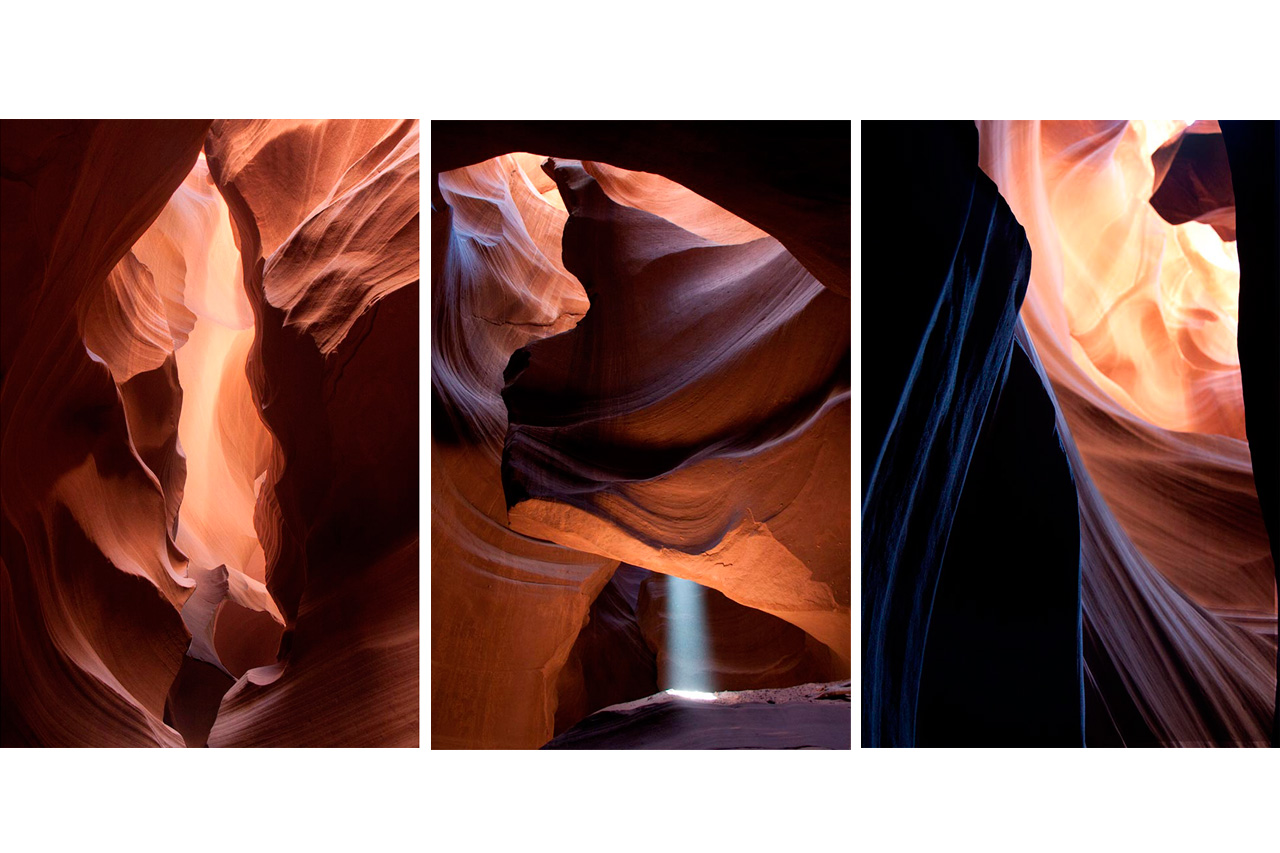 Antelope Canyon slot canyon triptych with light beam