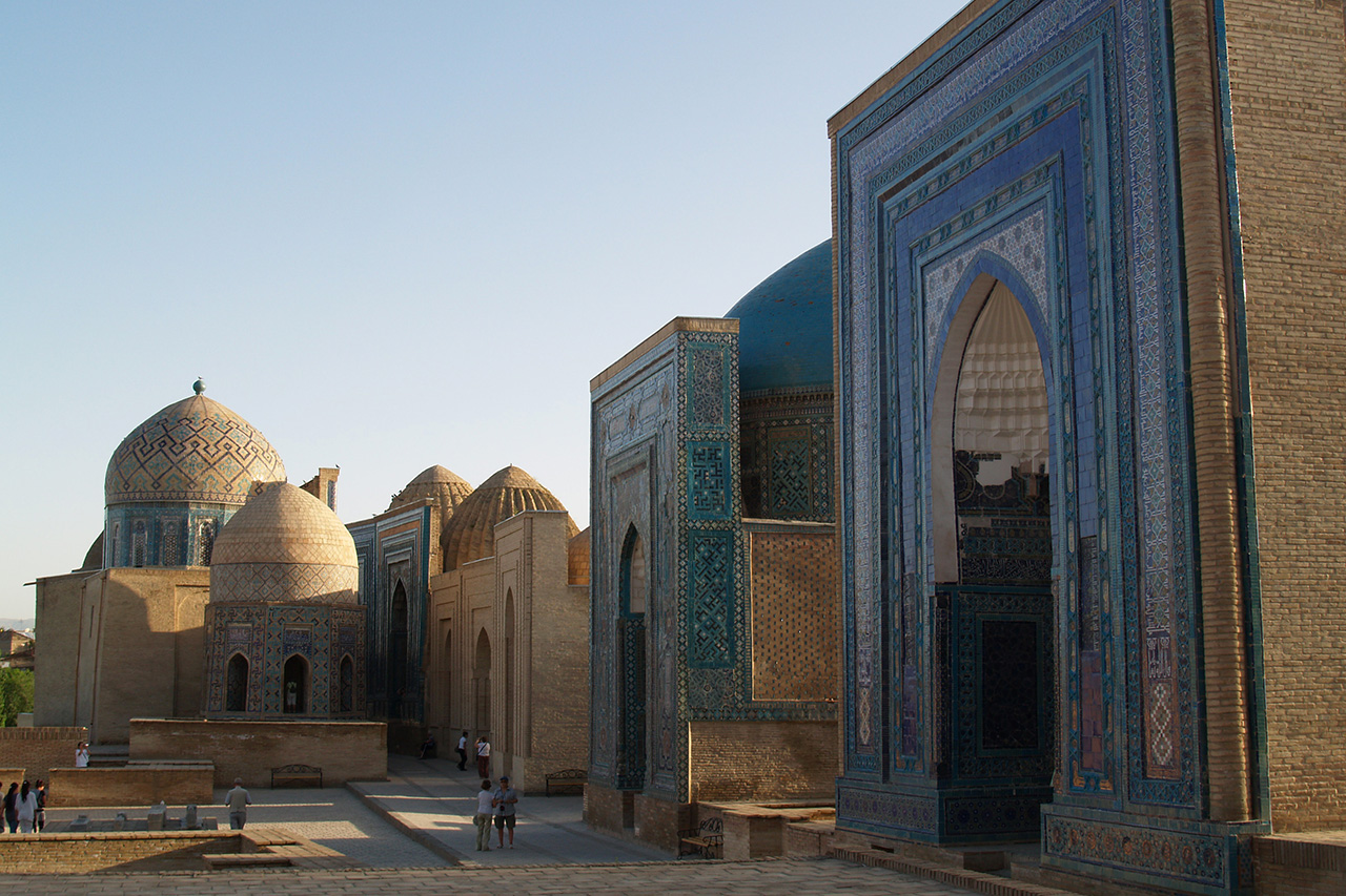 Shah-i-Zinda necropolis mausoleums at sunset, Samarkand