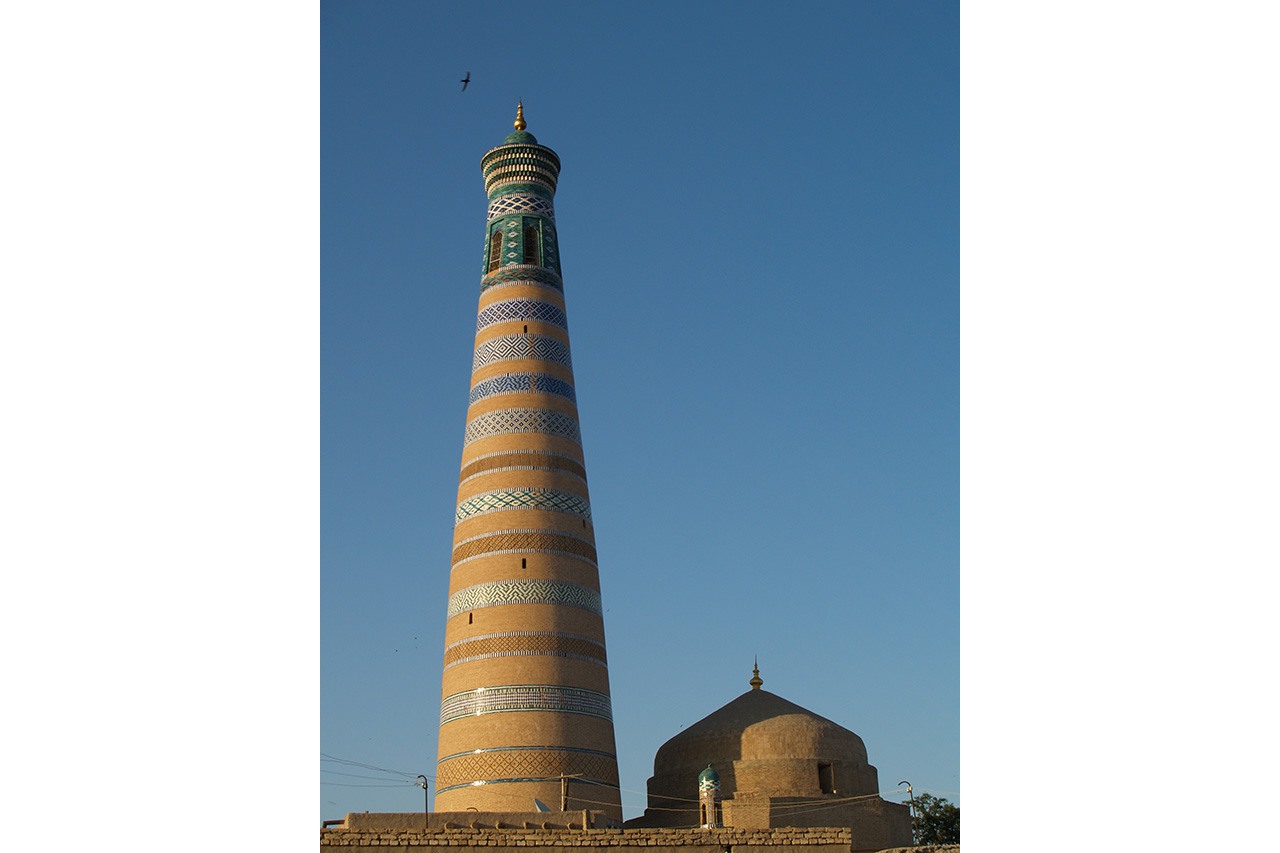 Islam Khoja minaret with bird at sunset, Khiva
