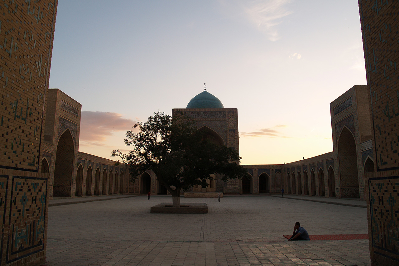Kalyan Mosque courtyard at sunset with lone tree, Bukhara